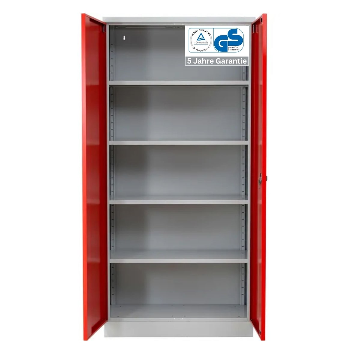 PROREGAL Stahlschrank BEE mit 5 lackierten Fachböden | HxBxT 195x92x42cm | Grau-Rot | Werkstattschrank Werkzeugschrank Aktenschrank Universalschrank