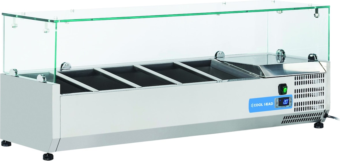 Edelstahl-Kühlvitrine für 5 GN1/4 Tabletts. Abmessungen 120x33.5x44h cm. Temperatur +2°C/+8°C. Kühlkopf VRX 12/33