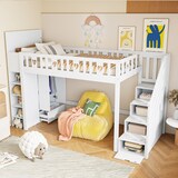thumbnail of Hochbett 90x200 mit Stauraumleiter, Regalen und klappbaren Stauschränken, platzsparend, modernes Design, kreative Raumnutzung, Weiß