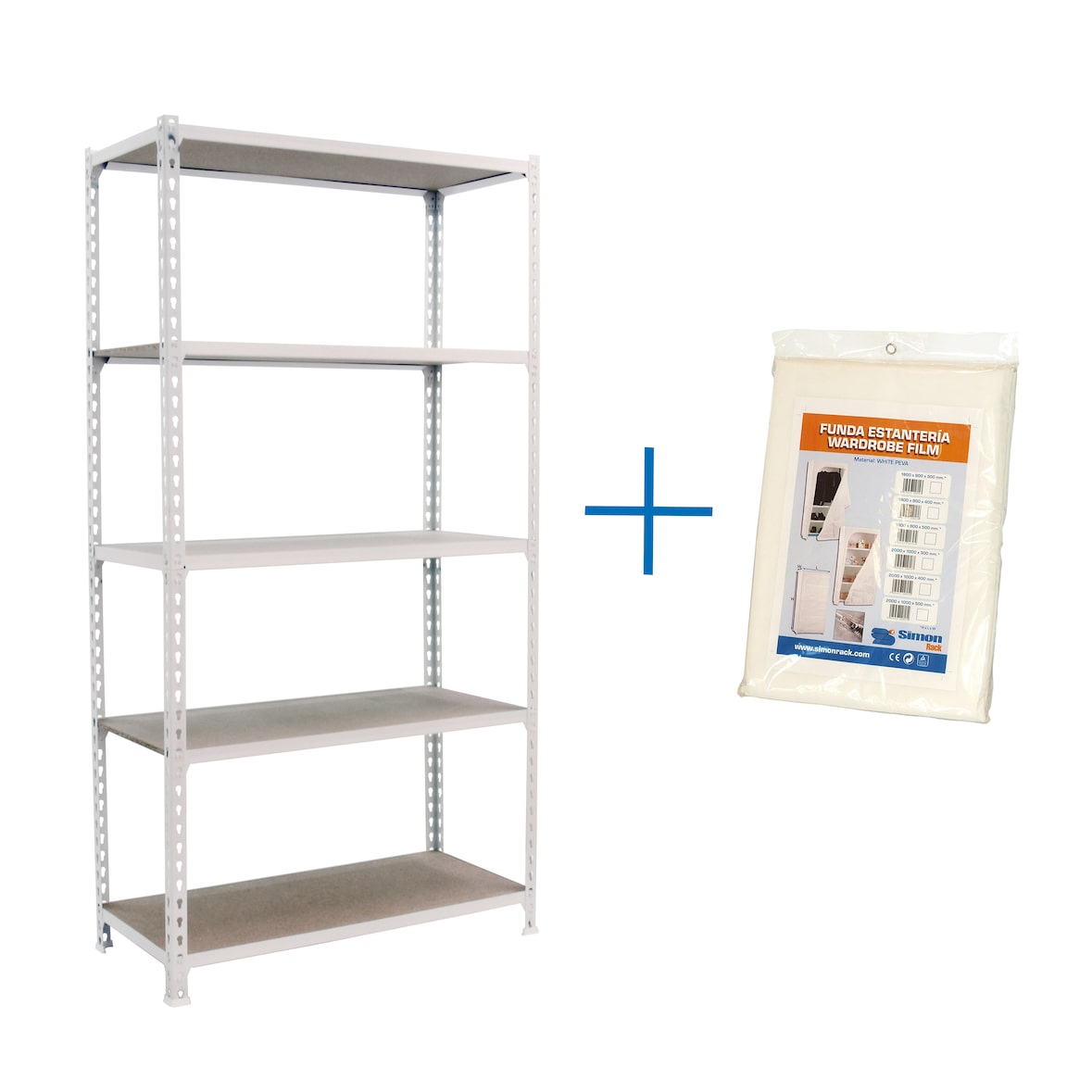 Scaffalatura metallica Maderclick senza viti 5 ripiani + coperchio. Colore BIANCO/LEGNO 1800x900x500 mm