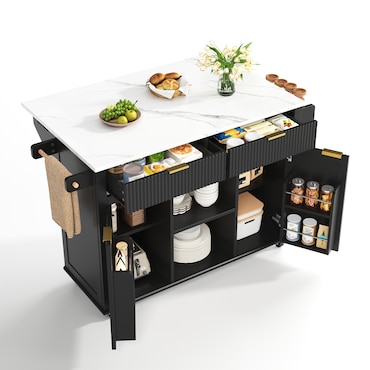 Merax Keukeneiland op wielen 120x45 cm, trolley met inklapbaar werkblad, opbergruimte, kruidenrek, handdoekhouder en 2 laden, zwart