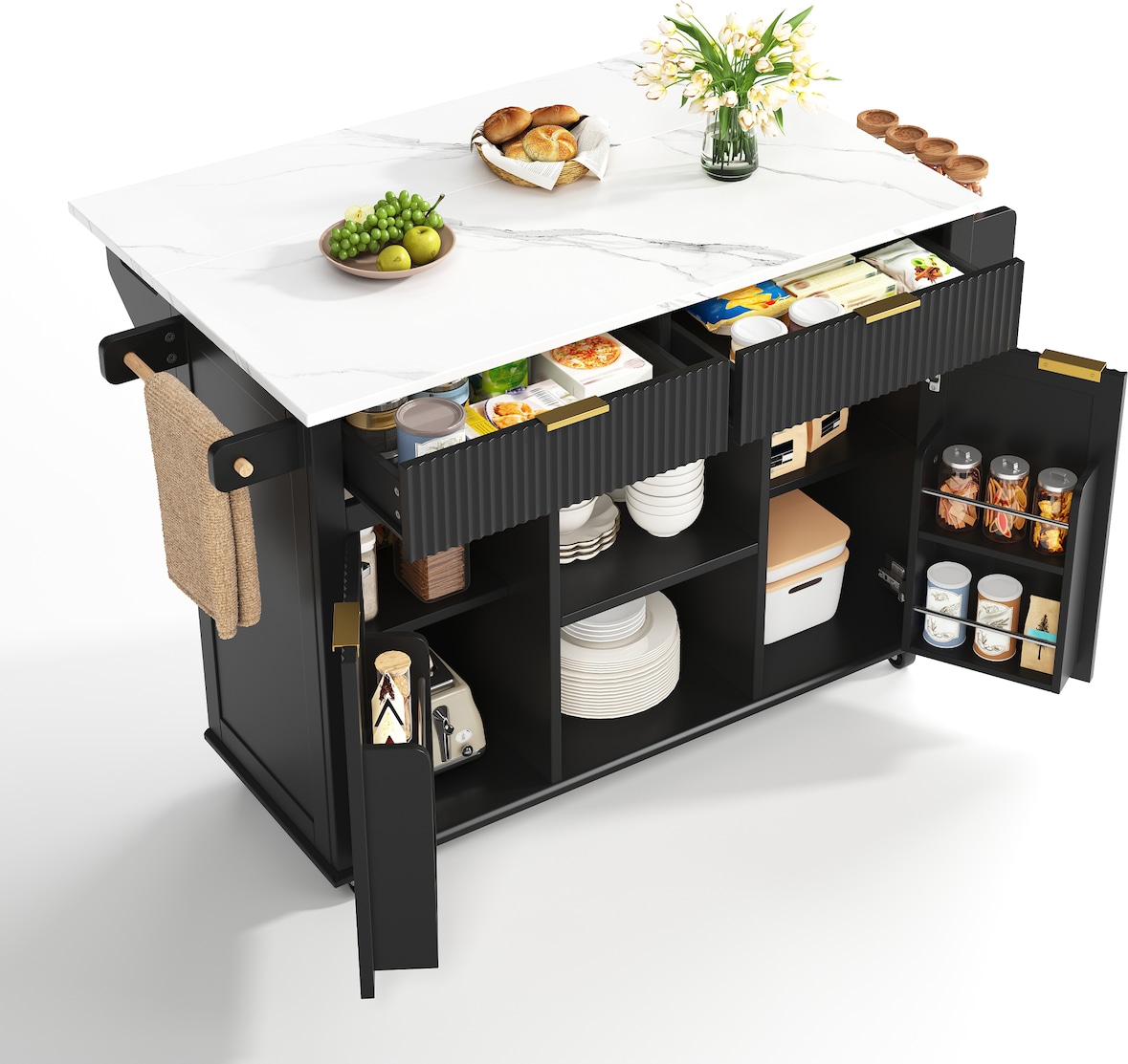 Merax Keukeneiland op wielen 120x45 cm, trolley met inklapbaar werkblad, opbergruimte, kruidenrek, handdoekhouder en 2 laden, zwart