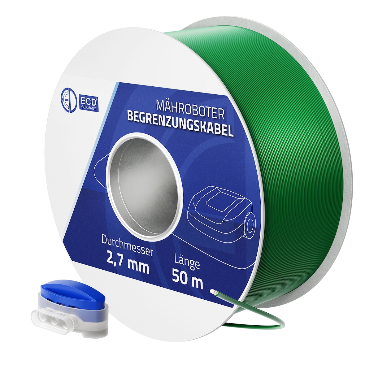 ECD Germany Begrenzungskabel 50 m – Ø 2,7 mm, verzinntes Kupfer, +12 Verbinder, kompatibel mit Gardena/Bosch/Husqvarna/Honda/Worx