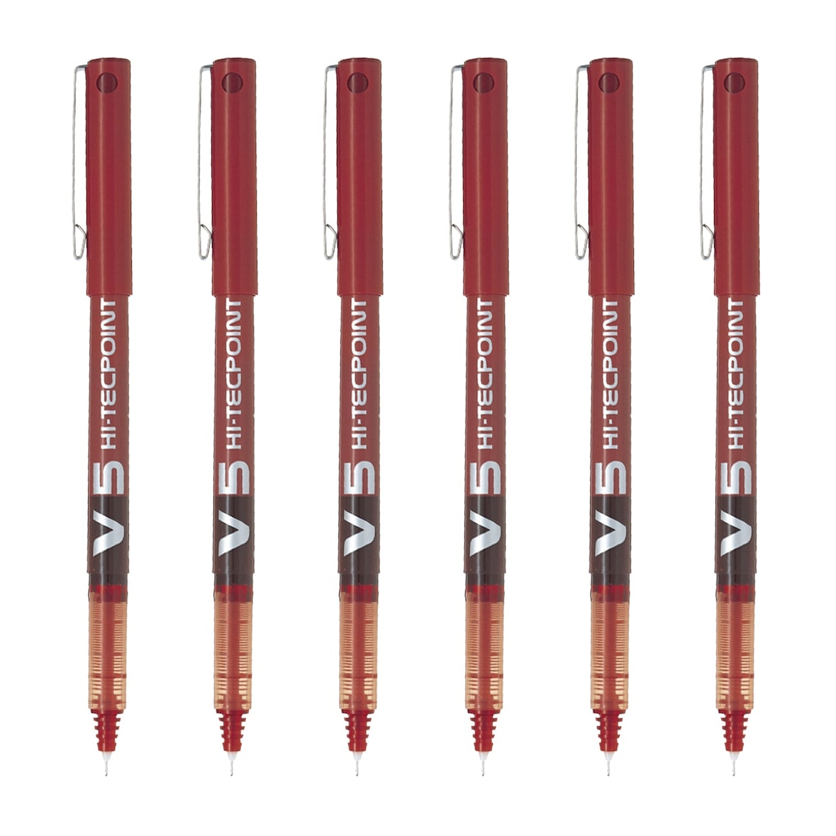 PILOT - Set de 6 Bolígrafos Roller V5 HI-TECPOINT Punta Extra Fina 0.5 mm. Rojo