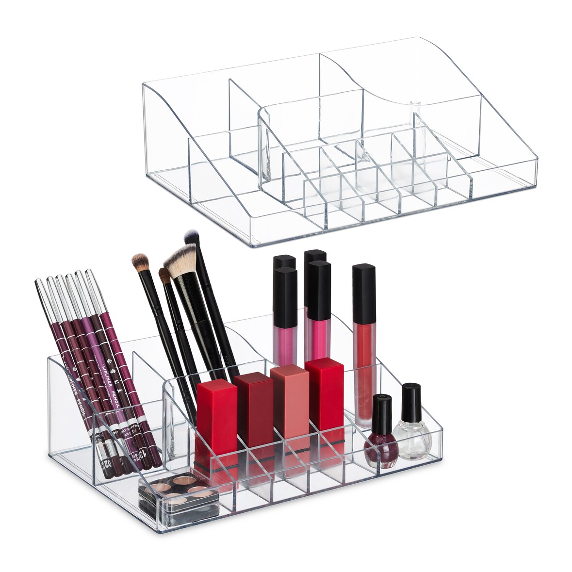 Relaxdays Make Up Organizer, 2er Set, 14 Fächer, Nagellack, Lippenstfit, Kunststoff, Kosmetikorganizer, transparent