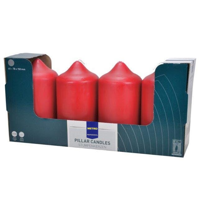 METRO Professional Stompkaarsen, paraffine, 7.8 x 15 cm, ca. 61 uur, rood, 4 stuks