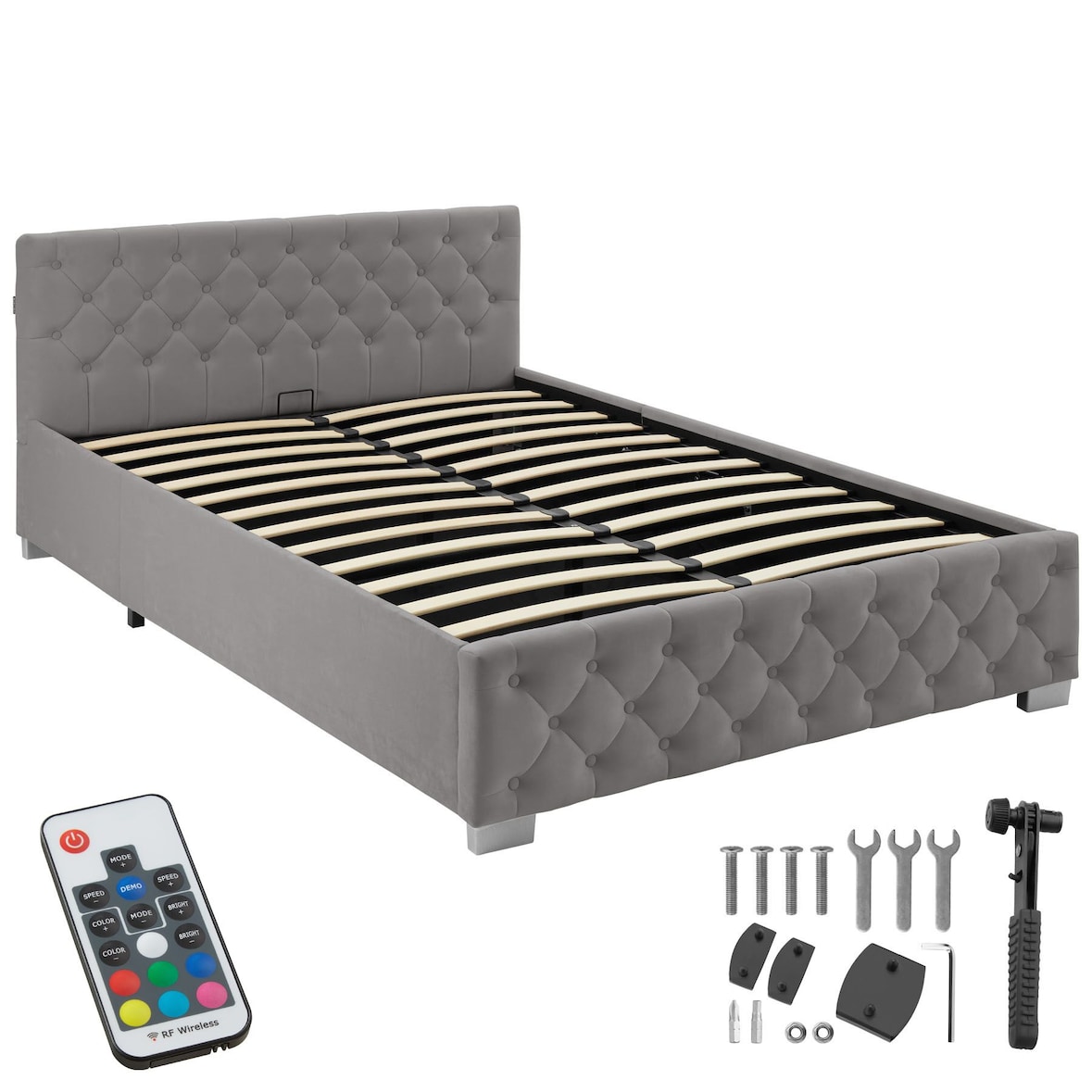 tectake Gestoffeerd bed met LED-strips & opbergruimte - donkergrijs, 140 x 200 cm - 405975