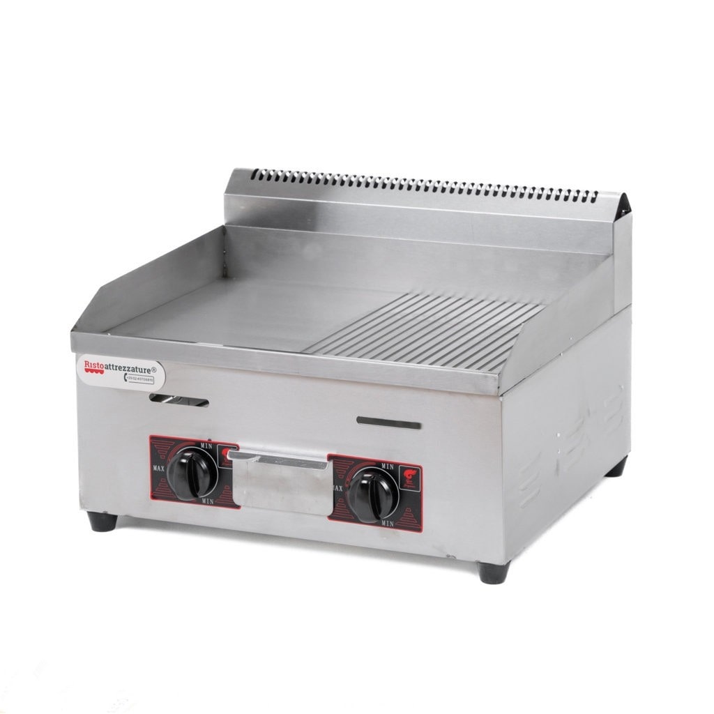 Fry Top, Griglia a Gas Professionale da Banco, in Acciaio Inox - Piastra 1/2 liscia 1/2 rigata - 55 x 50 x 40h cm