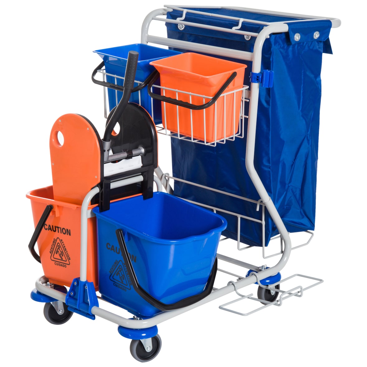 Carro de Limpieza Profesional con Doble Cubo Extraíble de 18 Litros Escurridor de Prensa 2 Cubetas Auxiliares y Bolsa de Basura 93x80x97 cm
