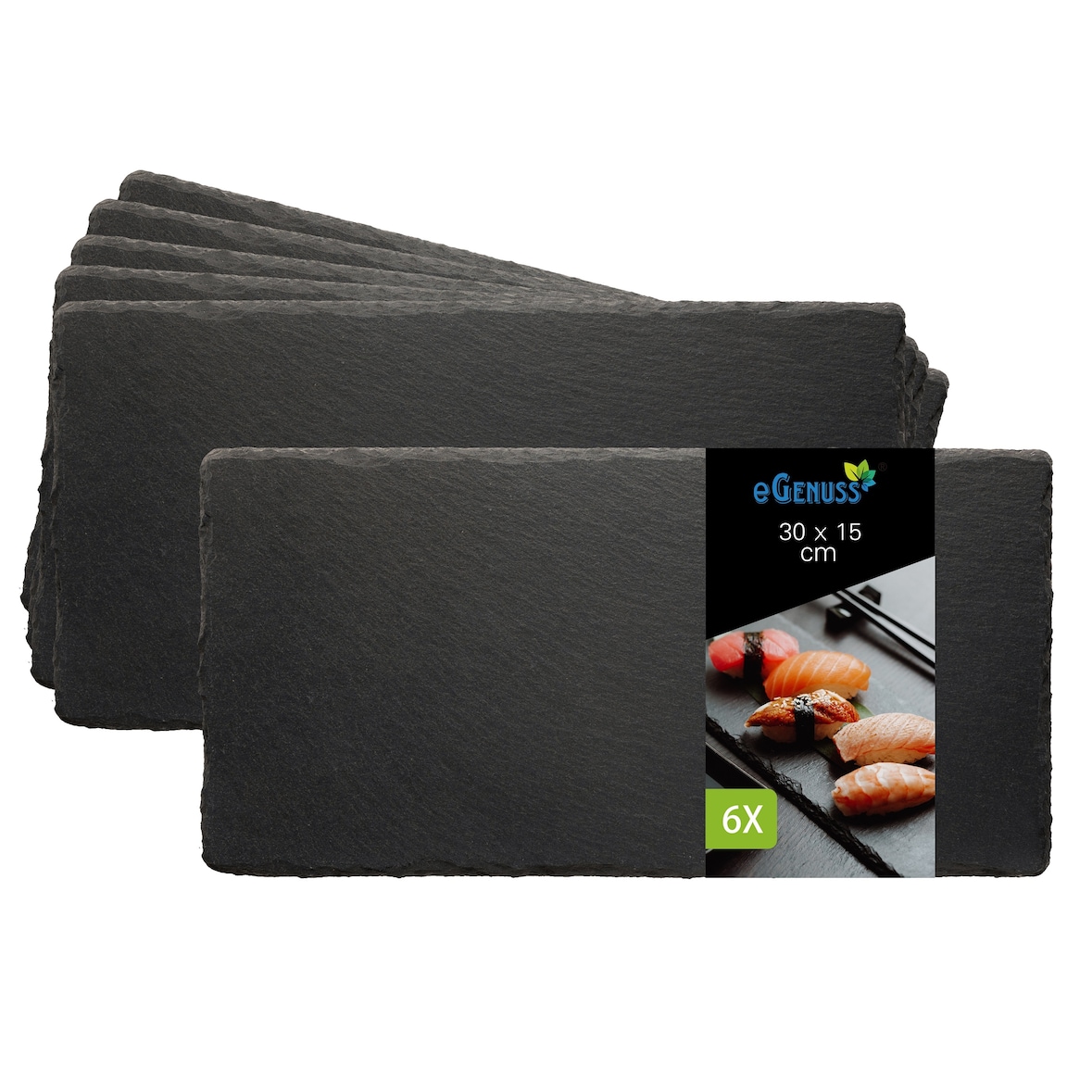 eGenuss Schieferplatten 6er-Set – Servierplatten aus Naturschiefer, schwarze Dessertteller & Sushi-Teller Gastronomie Catering – rechteckig 30x15 cm