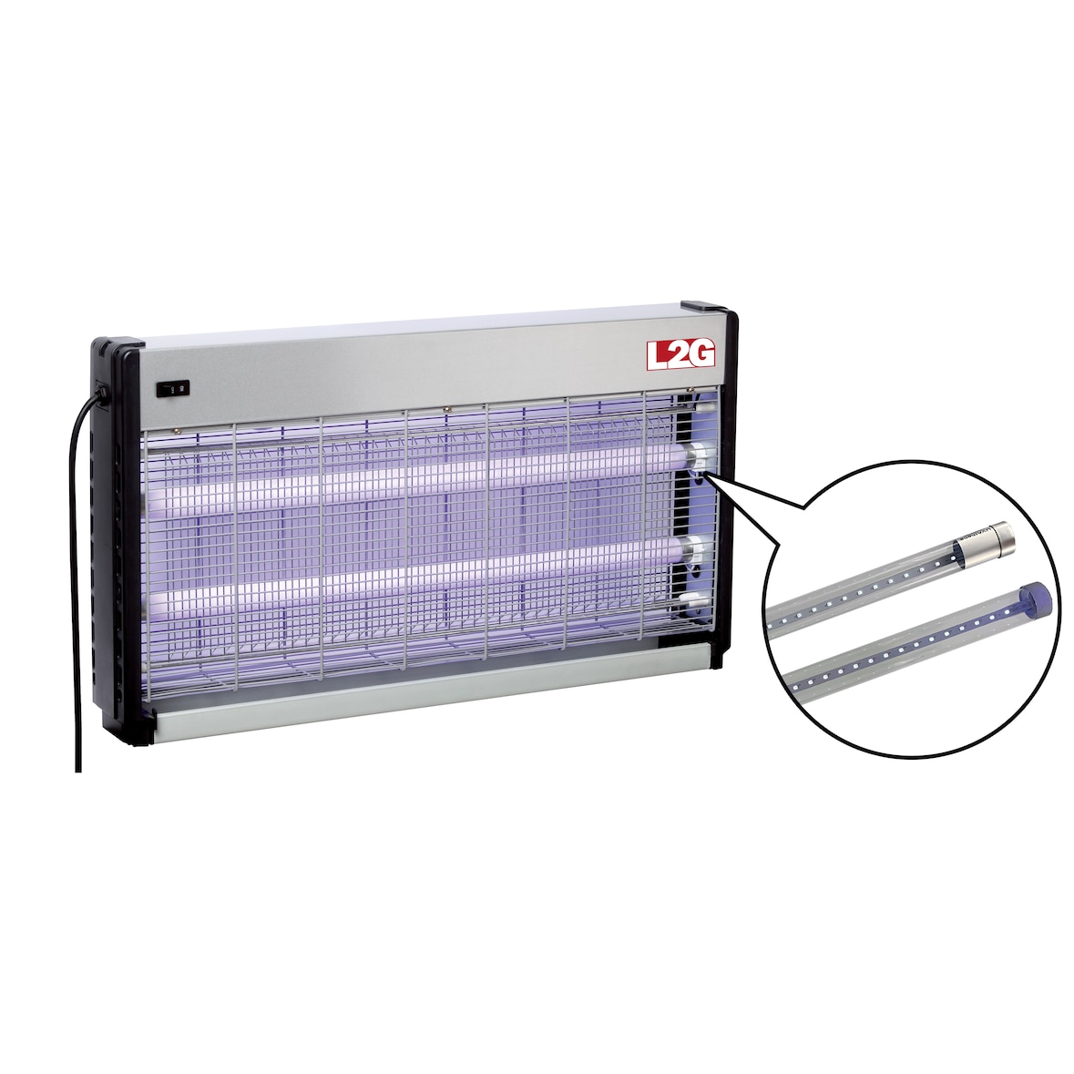 L2G - IC40L - Insectocutor eléctrico, exterminador de insectos electrico con 2 tubos led 2×9 w, cobertura 150 metros cuadrados, en aluminio