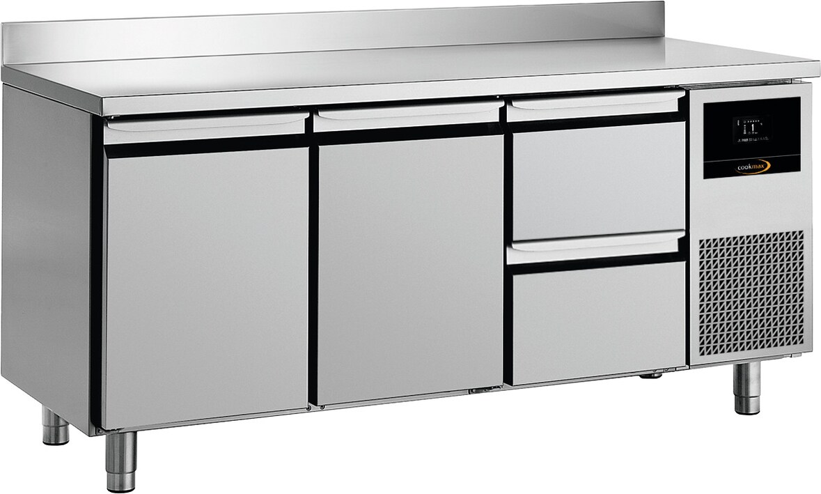Cookmax Kühltisch GN 1/1 mit
2 Türen und 2 Schubladen, mit Aufkantung