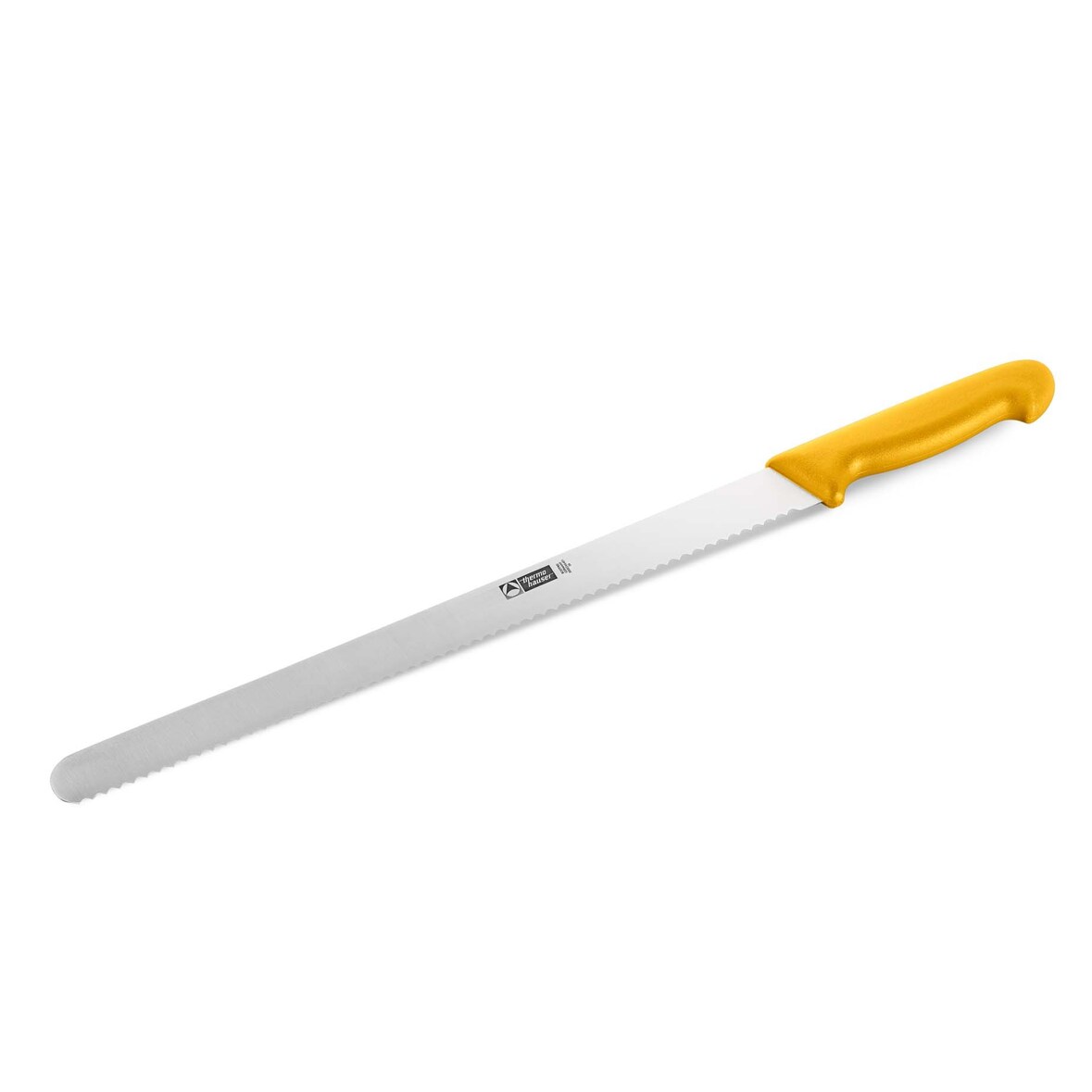 Konditormesser (Stahl rostfrei), einseitiger Wellenschliff, mit gelbem Kunststoffgriff, Klinge 36 cm