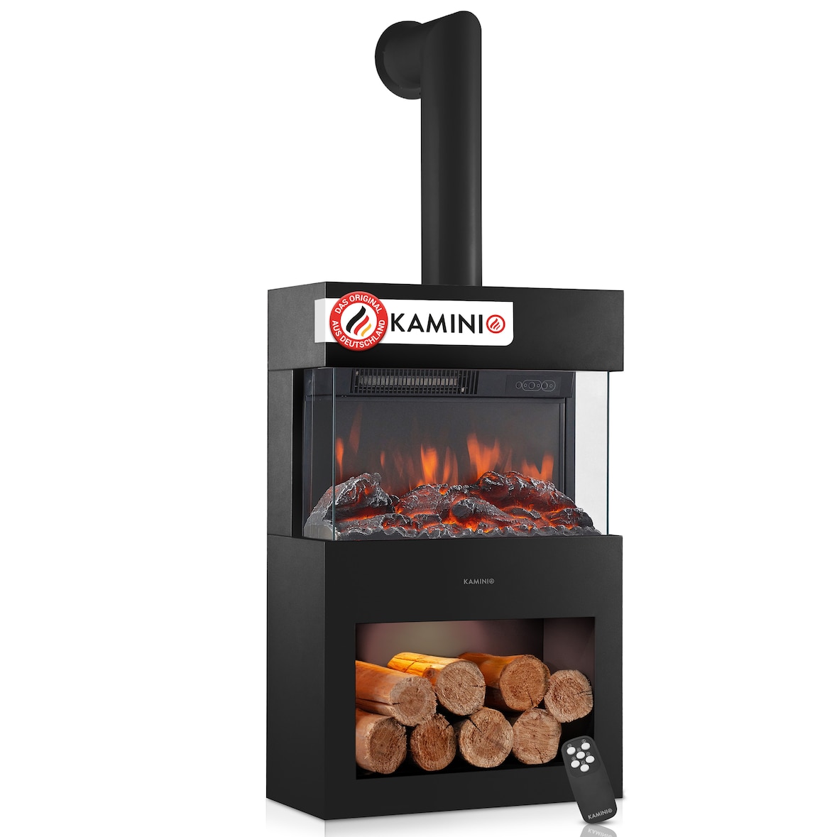 KAMINIO Elektrokamin HENRI mit Ofenrohr - Elektrischer Kaminofen mit Heizung, 3D-Flammeneffekt, LED-Ambientelicht, Holzfach, Fernbedienung - Schwarz