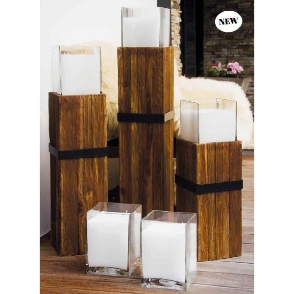 Braune Holzsäule inkl. Kerzenglas mit Wachsfüllung, groß, Indoor/Outdoor 900 x 220 mm