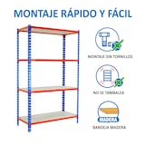 thumbnail of Maderclick schraubenloses Metallregal 4 Böden. Farbe blau/orange/holz 1500x1200x400 mm