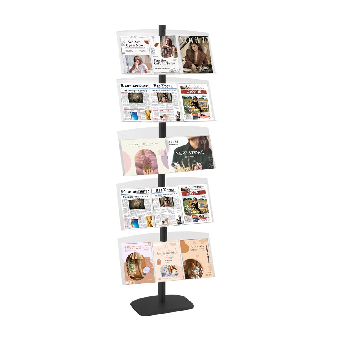 Présentoir vitrine Presse H 200 cm NOIR 5 étagères PLEXIGLASS