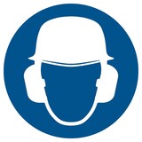 thumbnail of Gebotsschild, Kopf- und Gehörschutz benutzen - praxisbewährt - 200 mm Folie selbstklebend