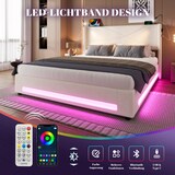 thumbnail of Merax Doppelbett 140 x 200cm Polsterbett, Gepolsterter Bettrahmen mit 2 Leselichtern, LED-Lichtleisten, hydraulischem Stauraum, USB-Anschlüssen, Beige