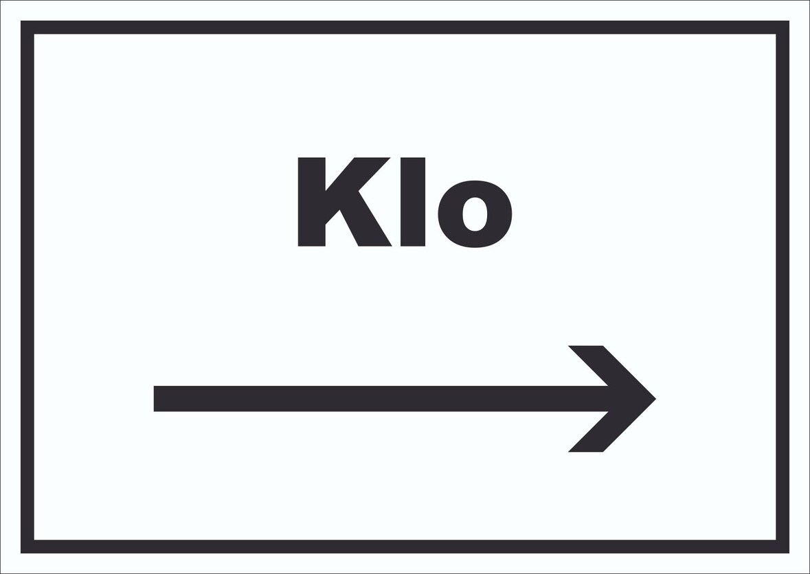 Klo Schild mit Text und Richtungspfeil rechts WC Toilette waagerecht A5 Rückseite selbstklebend