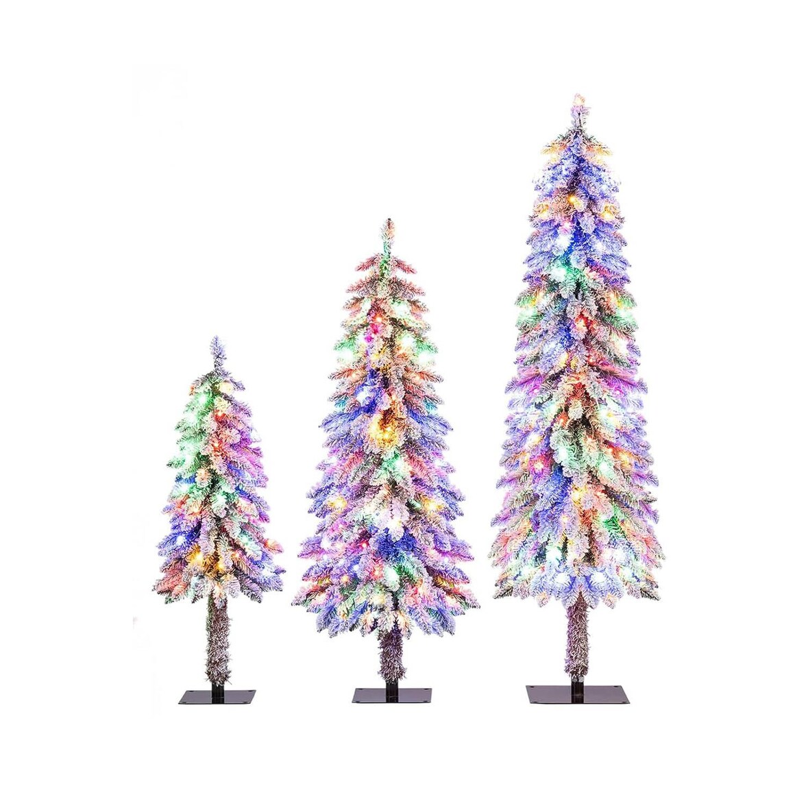 COSTWAY Árvore de Natal artificial, conjunto de 3, árvore de Natal com iluminação e neve, árvore de Natal de 90/120/150 cm