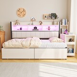thumbnail of Einzelbett 90x200 mit Schreibtisch und Stauraum, beweglicher Tisch, integrierte Steckdosen, Metall & Holz, ideal für Homeoffice oder Gästezimmer–Weiß