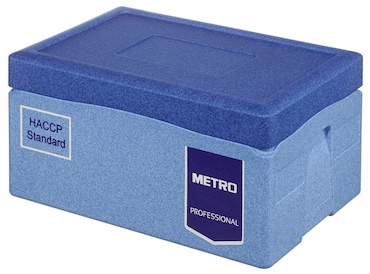 METRO Professional Caixa isotérmica GN 1/1, EPP, 40 L, abertura superior, com tampa para blocos de gelo e capa protetora, azul