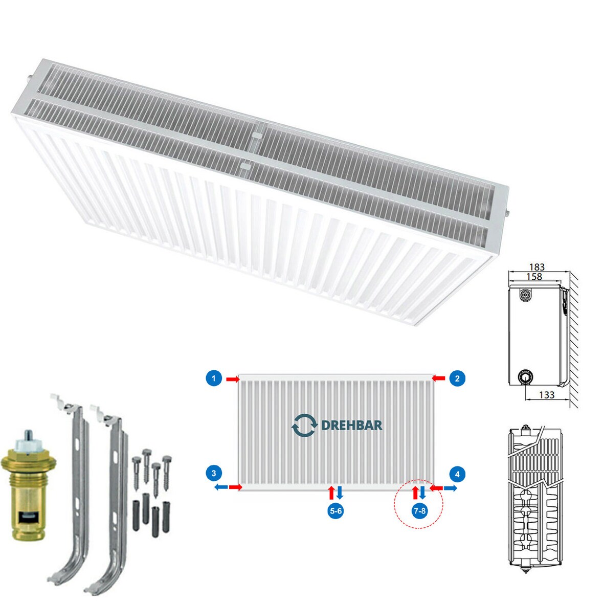 Belrad Typ 33 Universalheizkörper Ventilheizkörper Mittelanschluss mit 8 Anschlüssen 700 x 900 (HxB)-2442w