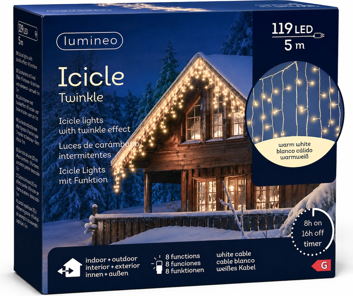 LED Eiszapfen Lichterkette 5m Twinkle Effekt 119 LEDs 34 Stränge Lichtvorhang Outdoor 8 Funktionen Weihnachtsbeleuchtung Warmweiß Weiß