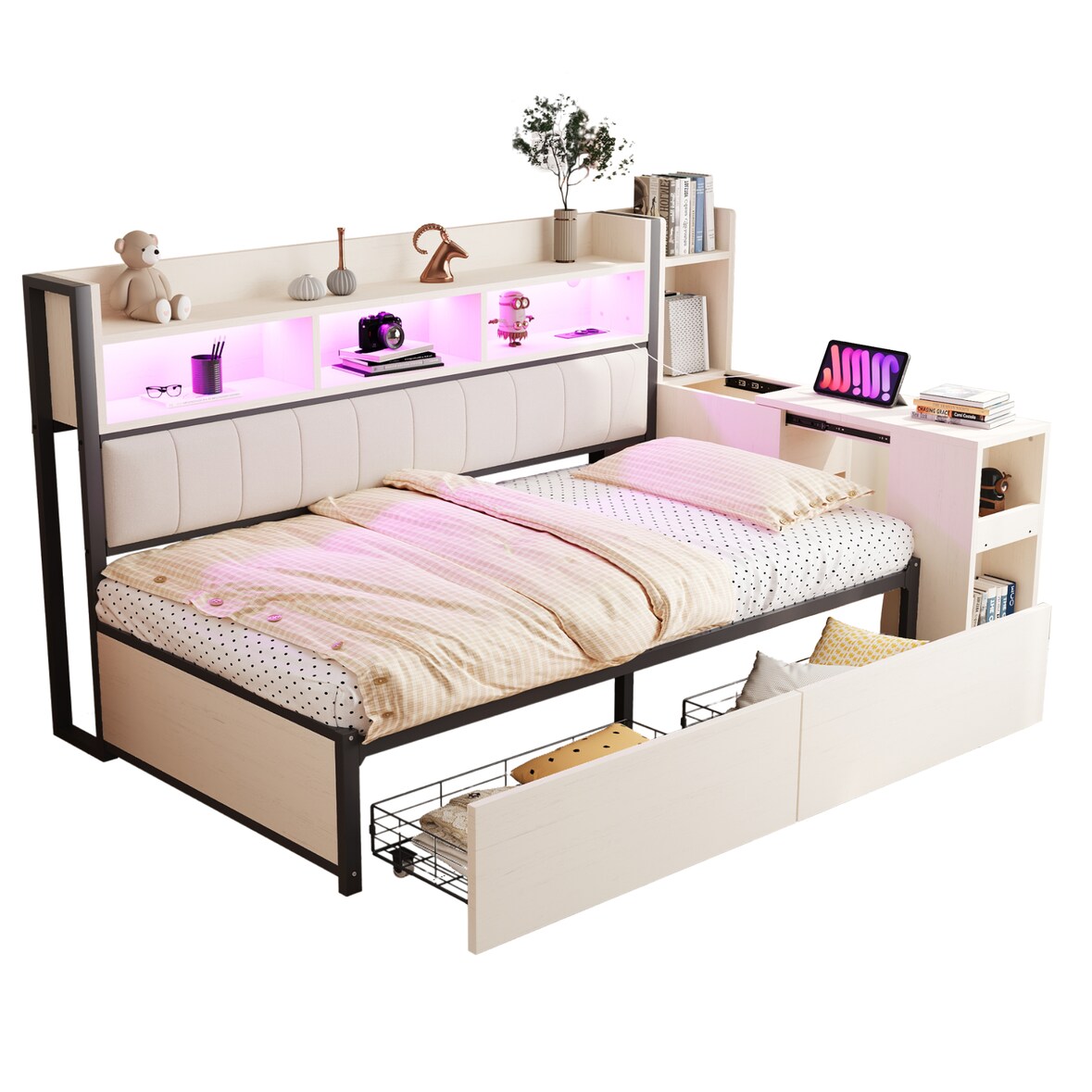 Multifunktions-Einzelbett 90x200 cm mit Stauraum, ausziehbarem Schreibtisch, Steckdosen, Schubladen, minimalistisches Design, Weiß