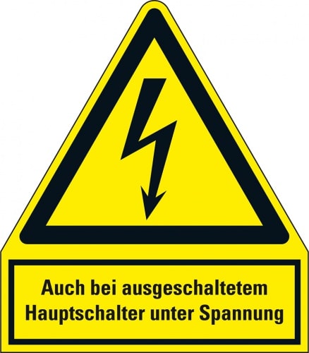 Aufkleber I Warn-Kombischild bei ausgeschaltetem Hauptschalter, RoHS konform, Folie, 100x120mm, ASR A1.3, DIN EN ISO 7010 W012