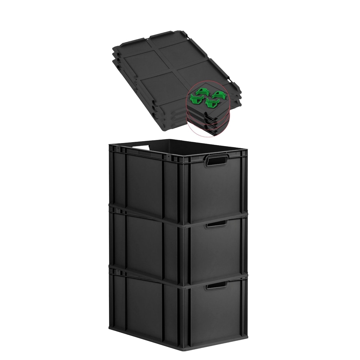 PROREGAL SuperSparSet 3x Eurobox NextGen Grip mit Auflagedeckel & 4 grünen Verschlüssen, HxBxT 32x40x60cm, 65L, Schwarz, Griffe offen, Eurobehälter