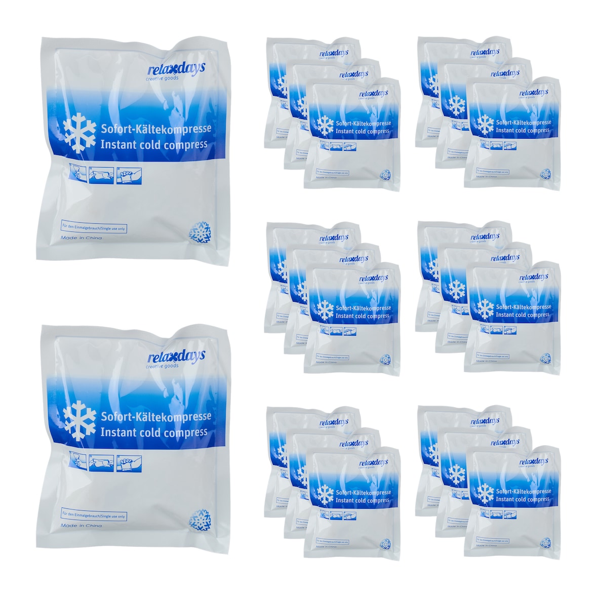 Relaxdays Kühlpack zum Knicken, 20er Set, Sofort Kältekompresse, HxB: 14,5 x 12,5 cm, für Sport & unterwegs, weiß/blau