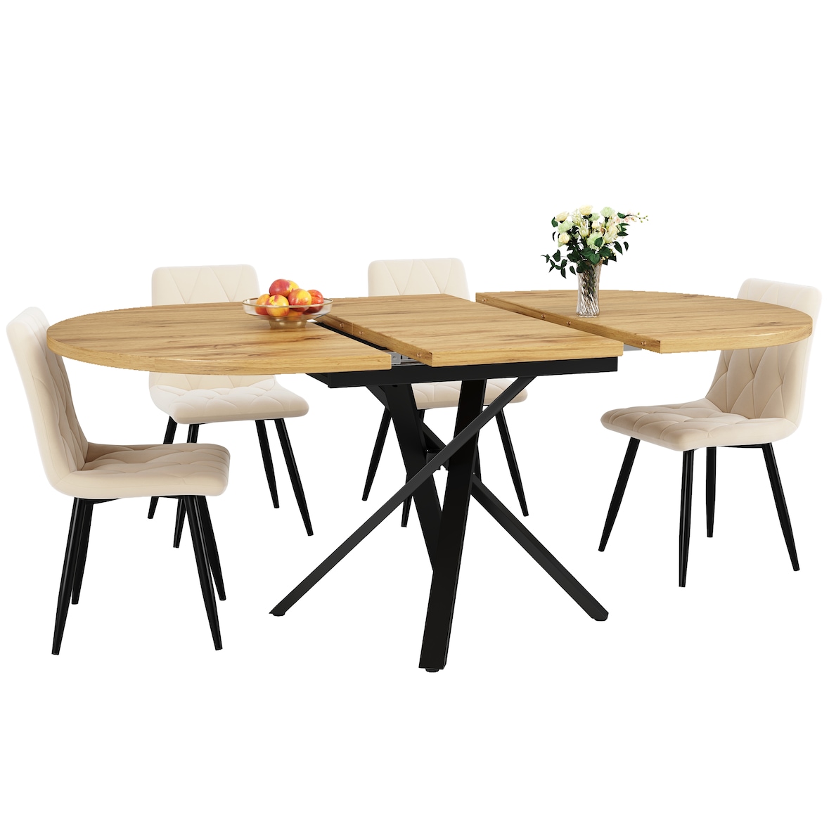 Ausziehbares Esstisch-Set MDF & Metall in Holzoptik, 100-140x100x75,5 cm, 1 Tisch + 4 Stühle