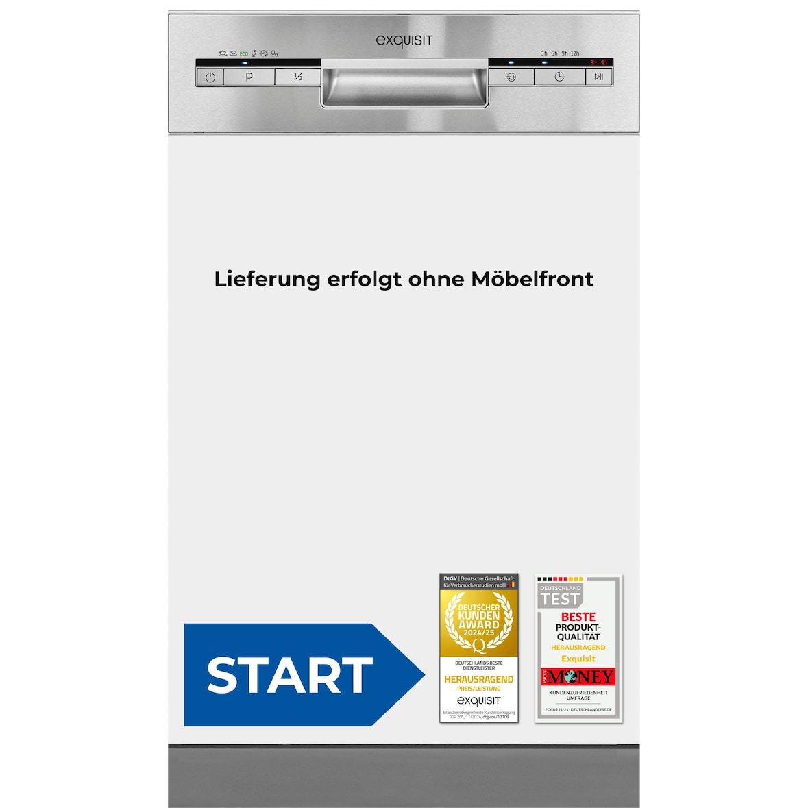 Exquisit START Einbaugeschirrspüler 45 cm, Teilintegriert, 9 Maßgedecke, 9 Liter, Startzeitvorwahl, ECO-Modus, EGSP51009-EB-030E inox