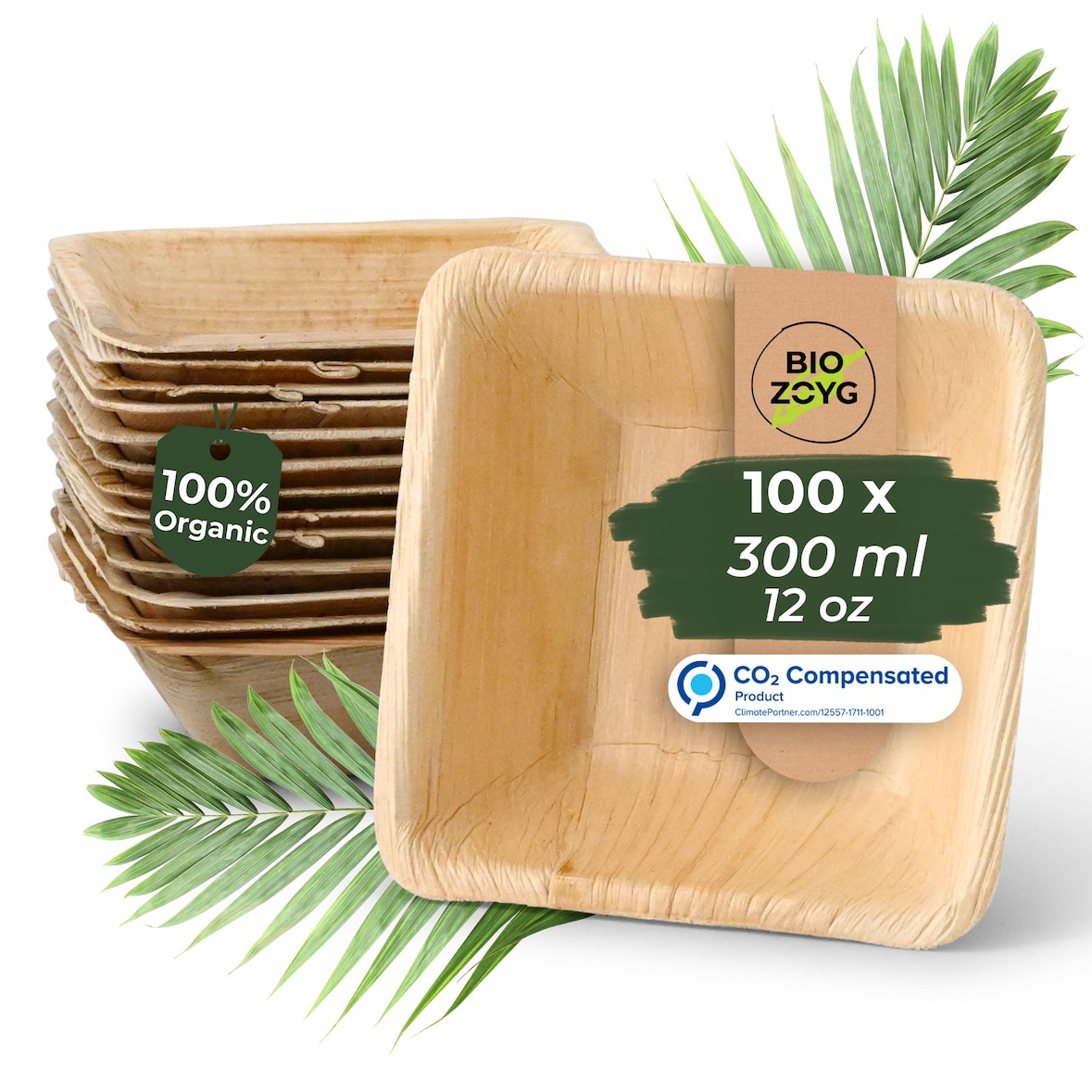 BIOZOYG 100 Stück quadratische Einwegschalen Palmblattschalen 300ml für Partys, umweltfreundliches Biogeschirr, Einmalgeschirr, biologisch abbaubar