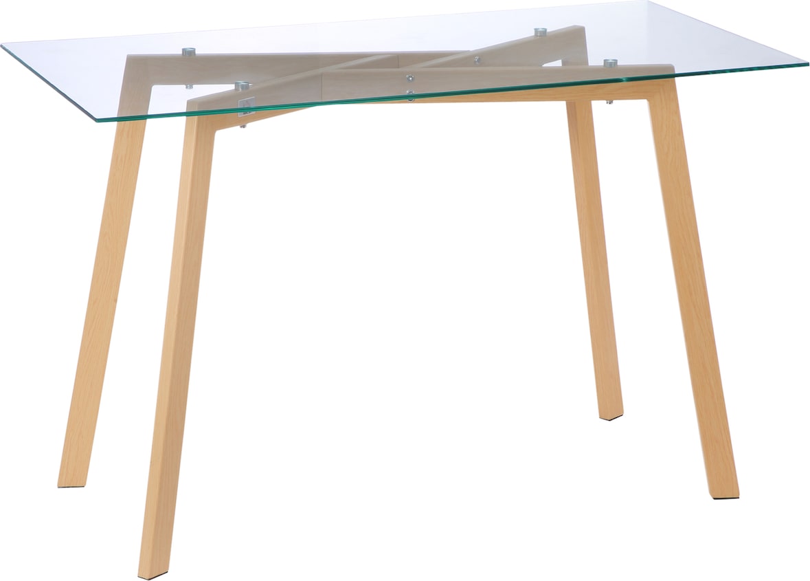 Esstisch für 4 Personen mit Glasplatte und Stahlbeinen in Holzoptik, 120 x 60 x 76 cm, transparent