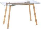 thumbnail of Esstisch für 4 Personen mit Glasplatte und Stahlbeinen in Holzoptik, 120 x 60 x 76 cm, transparent