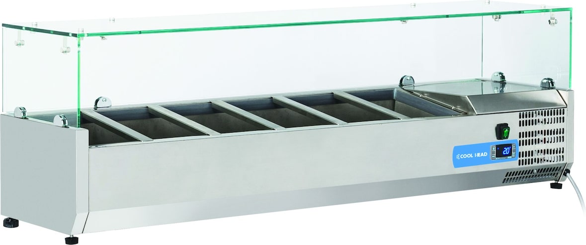 Edelstahl-Kühlvitrine für 6 GN1/4 Tabletts. Abmessungen cm 140x33,5x44h. Temperatur +2°C/+8°C. Kühlkopf VRX 14/33