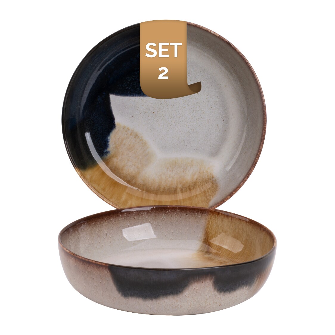 2 x palmer Aquarel Teller tief, Steinzeug farbig, Ø 22 cm, für ein 2 Pers Gedeck, mediterran, spülmaschinenfest