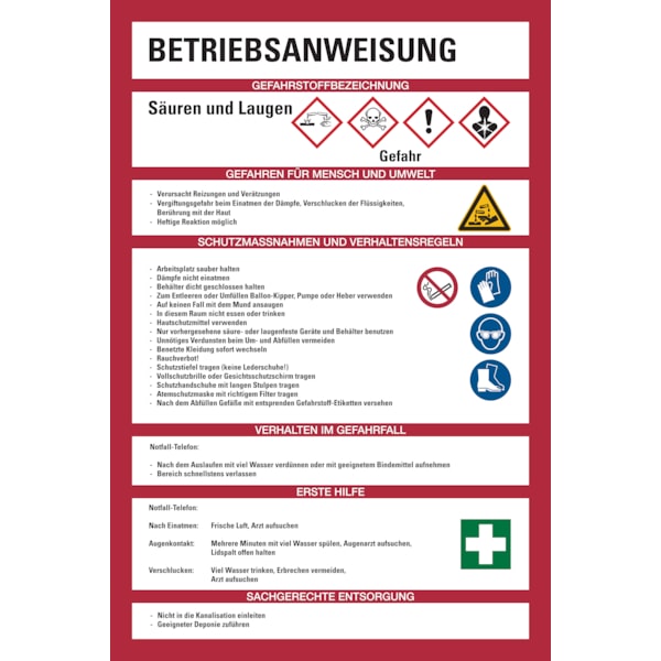 Aushang, Betriebsanweisung für Säuren & Laugen - GHS/ISO 7010 Piktogramme - 200x300x1.5 mm Kunststoff