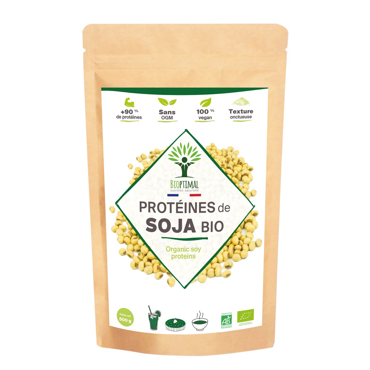 Protéine de Soja Bio - 90% Protéines 17% BCAA - Haute Digestibilité - Poudre de Fèves de Soja - Conditionné en France - Certifié Ecocert - 500 g