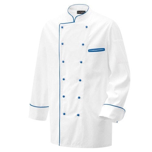 203 - Kochjacke weiß langarm mit Paspel in verschiedenen Farben : royal blue 100% Baumwolle 230 g/m² (15) XL