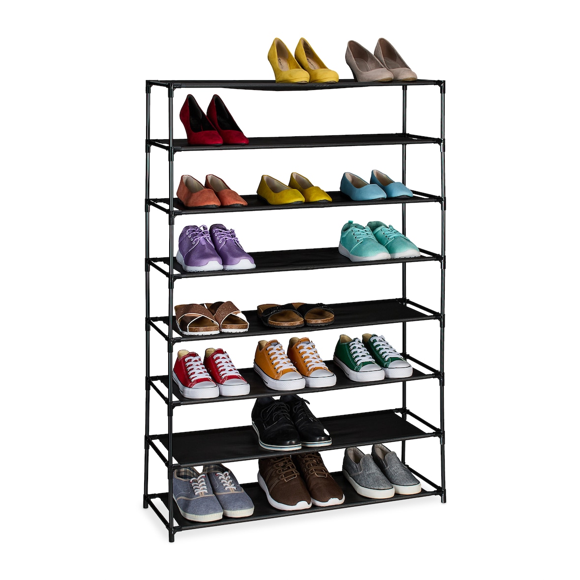Relaxdays Schuhregal, mit 8 Ebenen, Metall Schuhablage, Stoff Ablage, Schuhgestell für den Flur, Schuhständer, schwarz