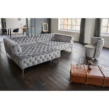 thumbnail of KAWOLA Sofa NARLA Ecksofa Chesterfield Stoff velvet silber Recamiere links