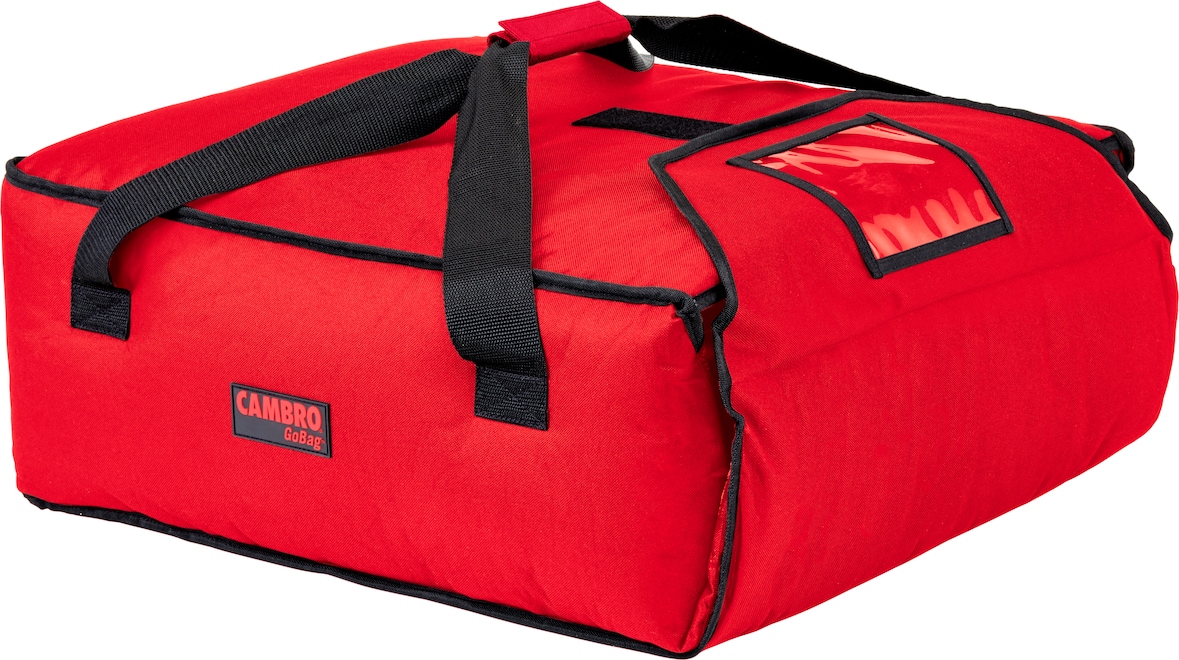 Una bolsa de pizza roja con asas.