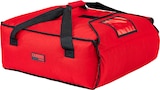 Una bolsa de pizza roja con asas.