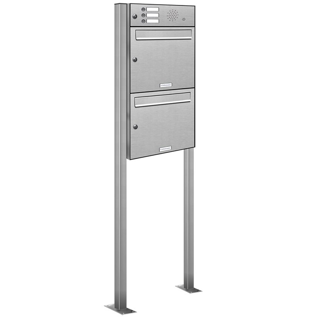 AL Briefkastensysteme 2 Fächer Premium Edelstahl Stand Briefkasten Anlage mit Klingeln, Post A4 modern, robust, wetterfest, Artikelnummer: 331V2S1K3S