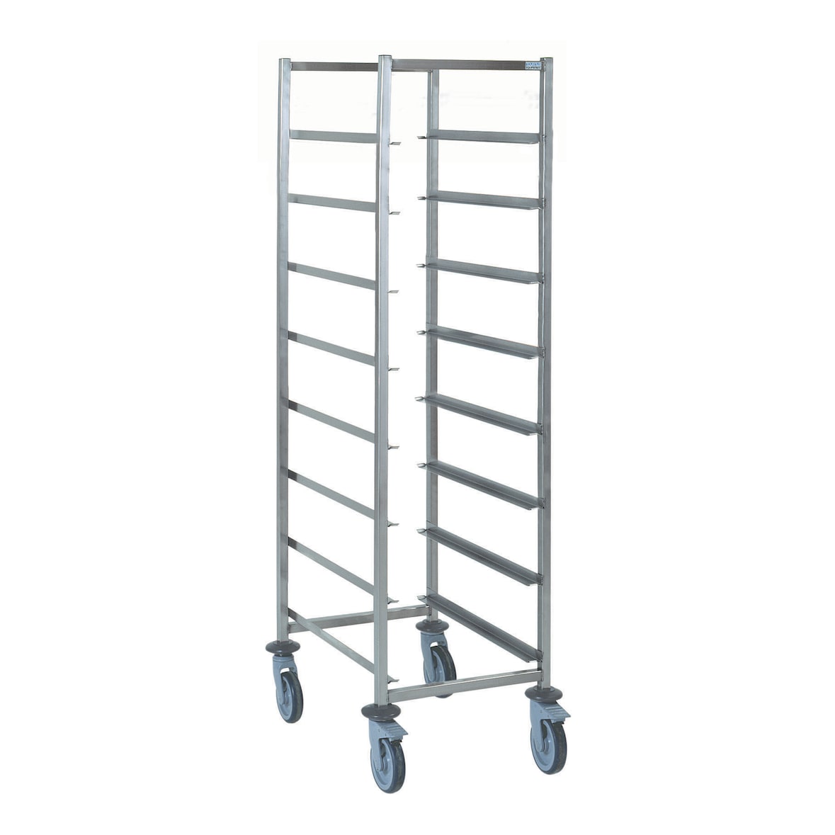 Tournus-wagen voor servieskorven  Afmeting 630 x 630 x 1785 mm  4 zwenkwielen uit polyamide (roestvrij), 2 blokkeerremmen