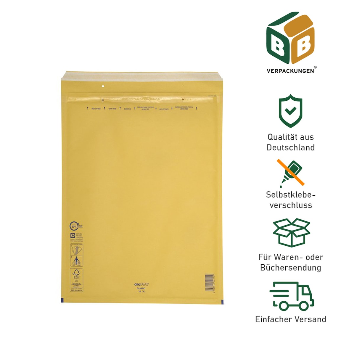 300 x Luftpolsterversandtasche (350 x 470 mm) 10 / K braun Luftpolstertaschen Umschläge Versandtaschen Selbstklebeverschluss Briefe BB-Verpackungen